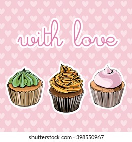 three colored cupcake on a pink background with hearts