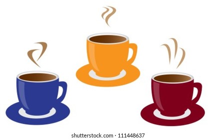 three colored cups of coffee and steam