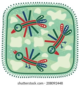  Three colored decorative birds are soaring on a light green sky with clouds