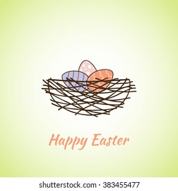 Three colored Easter eggs in a cozy nest. Vector illustration.