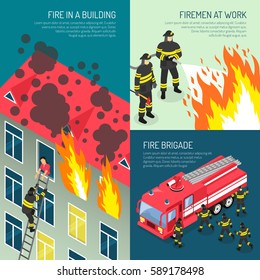 Three colored fire department design concept set with fire in building fireman at work and fire brigade descriptions vector illustration