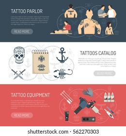 Three colored flat tattoo studio horizontal banner set with tattoo parlor tattoos catalog tattoo equipment descriptions vector illustration