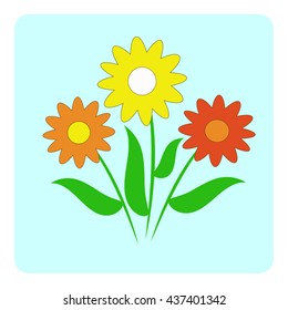 Three colored flowers on blue background. Vector illustration.