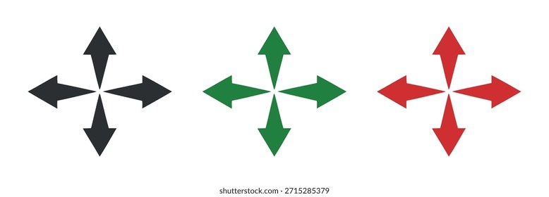 Three colored four-way arrows – black, green, and red – are arranged side-by-side on a plain white backdrop.