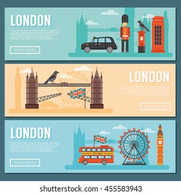Three colored horizontal london banner set with attractions of the city and buildings and traditions vector illustration