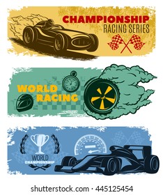 Three colored horizontal racing banner set with titles championship racing series world racing and world championship vector illustration