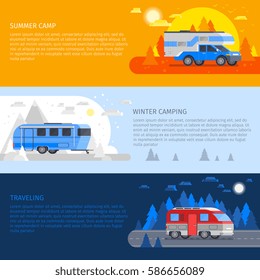 Three colored horizontal recreational vehicles banner set with winter camping summer camp and travelling descriptions vector illustration