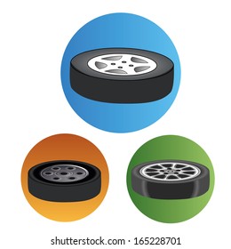 three colored icons of black tires with white or grey steel
