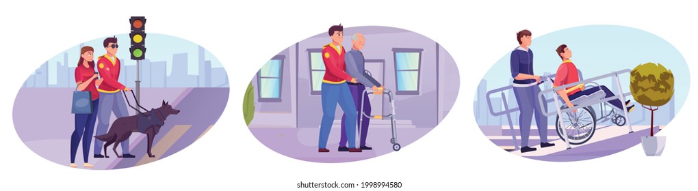 Three Colored Isolated Illustration Demonstrated Seeing Eye Dog Transport And Devices For Disabled Flat Vector Illustration