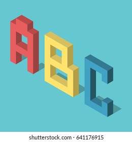 Three colored isometric ABC letters standing on turquoise blue background. Flat design. EPS 8 compatible vector illustration, no transparency, no gradients