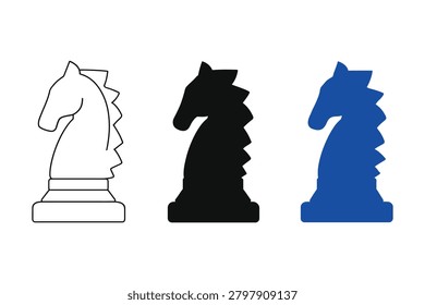 Three colored knight chess pieces on white background