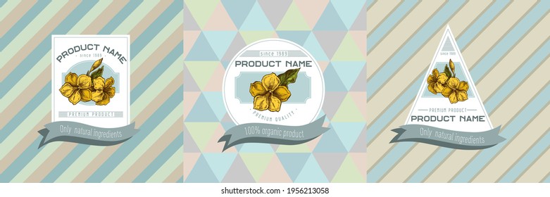 Three colored labels with illustration of allamanda