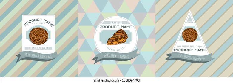 Three colored labels with illustration of apple pie