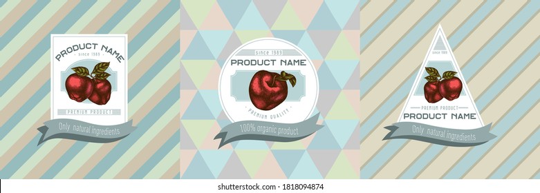 Three colored labels with illustration of apples