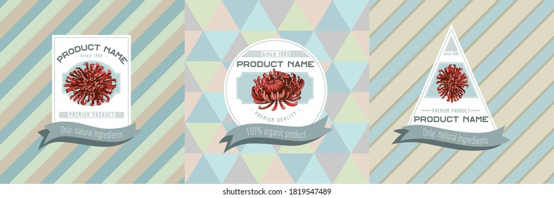 Three colored labels with illustration of aster
