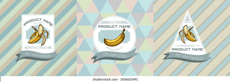 Three colored labels with illustration of bananas