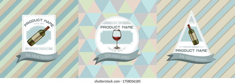 Three colored labels with illustration of bottle of wine, glass of wine