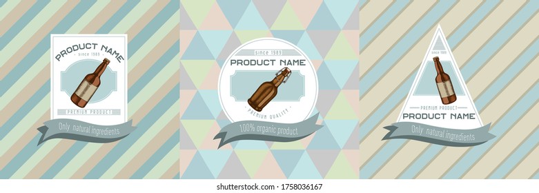 Three colored labels with illustration of bottles of beer