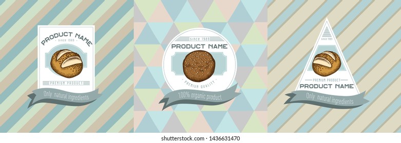 Three colored labels with illustration of buns and bread