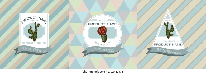 Three colored labels with illustration of cactus