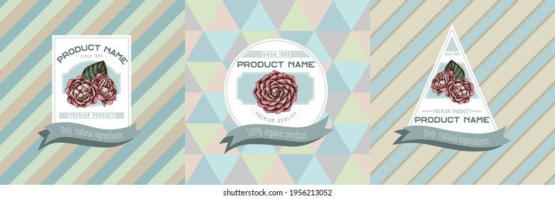 Three colored labels with illustration of camellia japonica