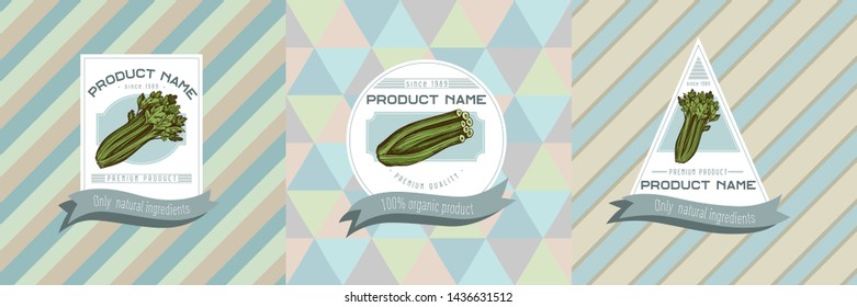 Three colored labels with illustration of celery