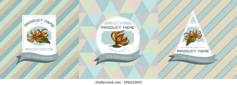 Three colored labels with illustration of champak