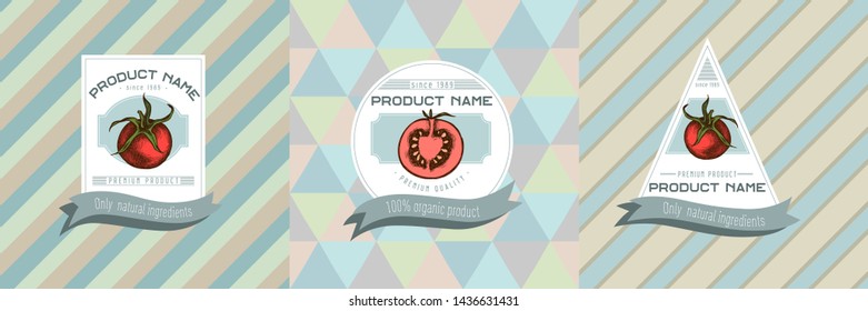 Three colored labels with illustration of cherry tomatoes