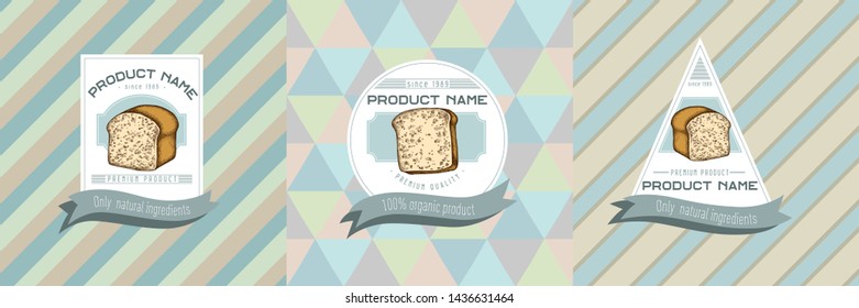 Three colored labels with illustration of croissants and bread