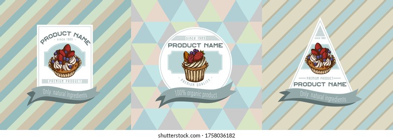 Three colored labels with illustration of cupcake, cake