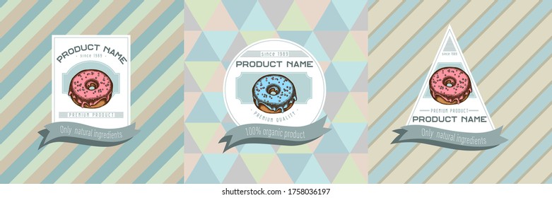 Tres etiquetas de color con ilustración de donut