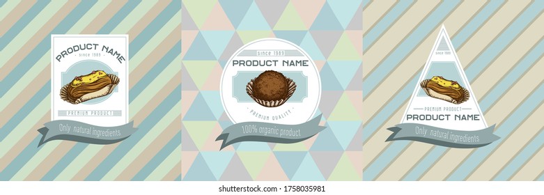 Three colored labels with illustration of eclair, truffle