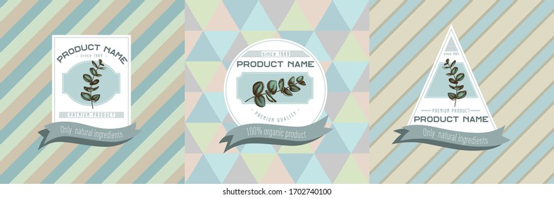 Three colored labels with illustration of eucalyptus