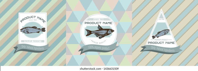 Three colored labels with illustration of fish