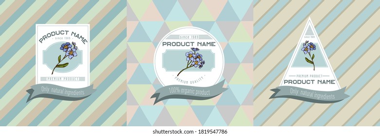 Three colored labels with illustration of forget me not flower