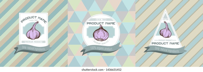 Three colored labels with illustration of garlic