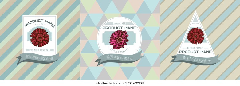 Three colored labels with illustration of gerbera