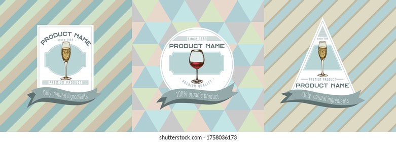 Drei farbige Etiketten mit Illustration von Glas Champagner, Glas Wein