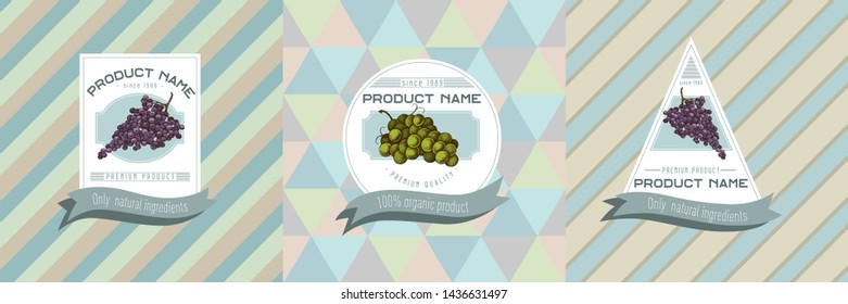 Three colored labels with illustration of grapes