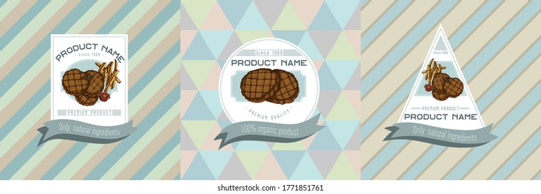 Three colored labels with illustration of grilled burger patties