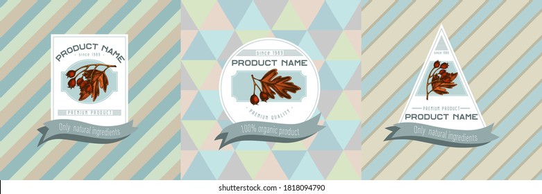Three colored labels with illustration of hawthorn