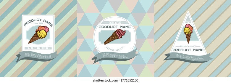 Three colored labels with illustration of ice cream cones