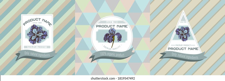 Three colored labels with illustration of iris