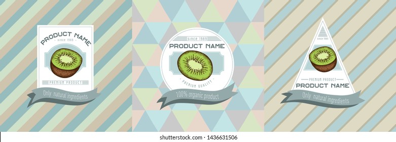 Three colored labels with illustration of kiwi