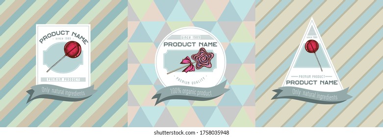 Three colored labels with illustration of lollipop, lollipop