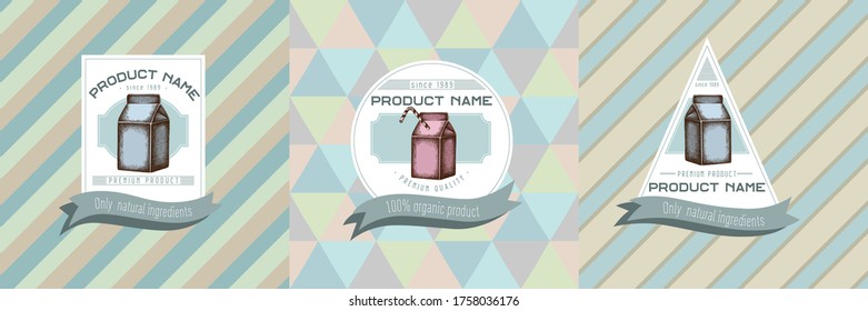 Three colored labels with illustration of milk boxes