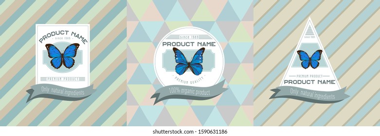 Three colored labels with illustration of morpho menelaus, morpho rhetenor cacica