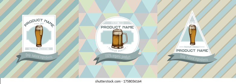 Three colored labels with illustration of mug of beer