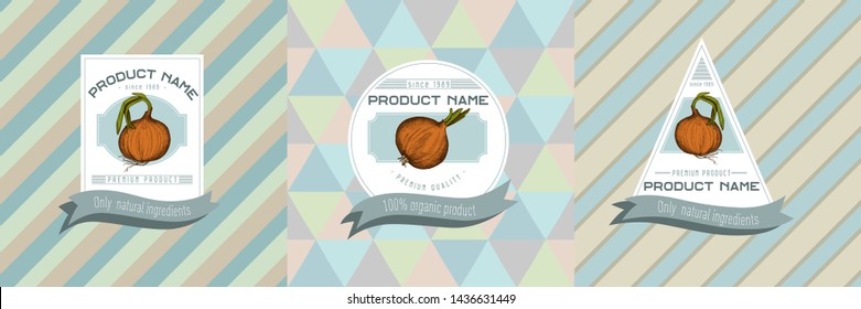 Three colored labels with illustration of onion