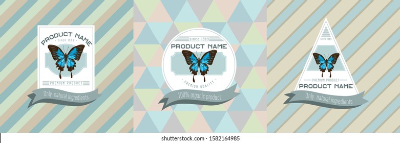 Three colored labels with illustration of papilio ulysses